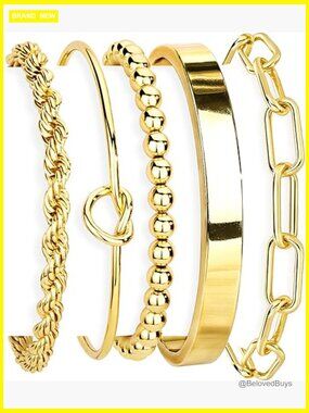 Gold Plated Chunky Cuff Bracelet Set Stackable Bangle Cuban Rope
